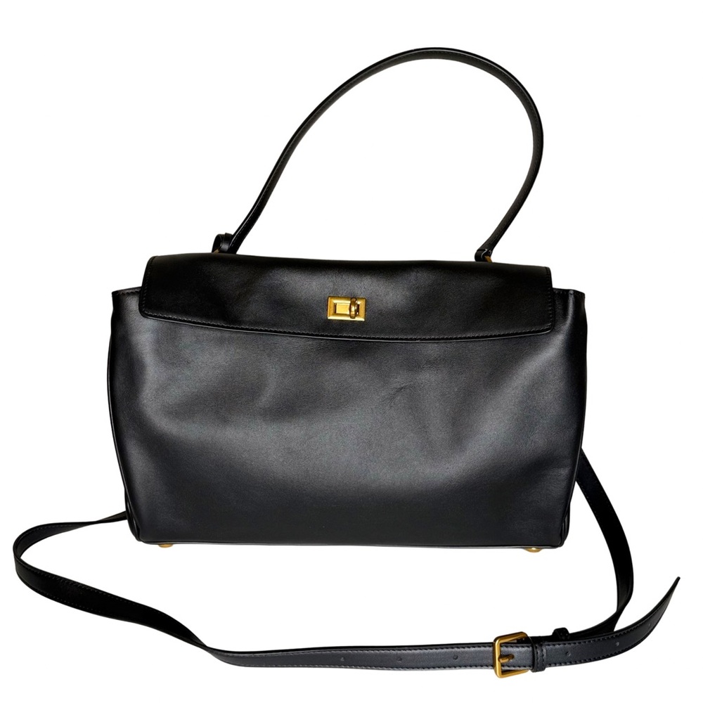 Hedexe Black Faux Leather Satchel Bag Gold Hardware Top Handle Crossbody Strap - Picture 2 of 11